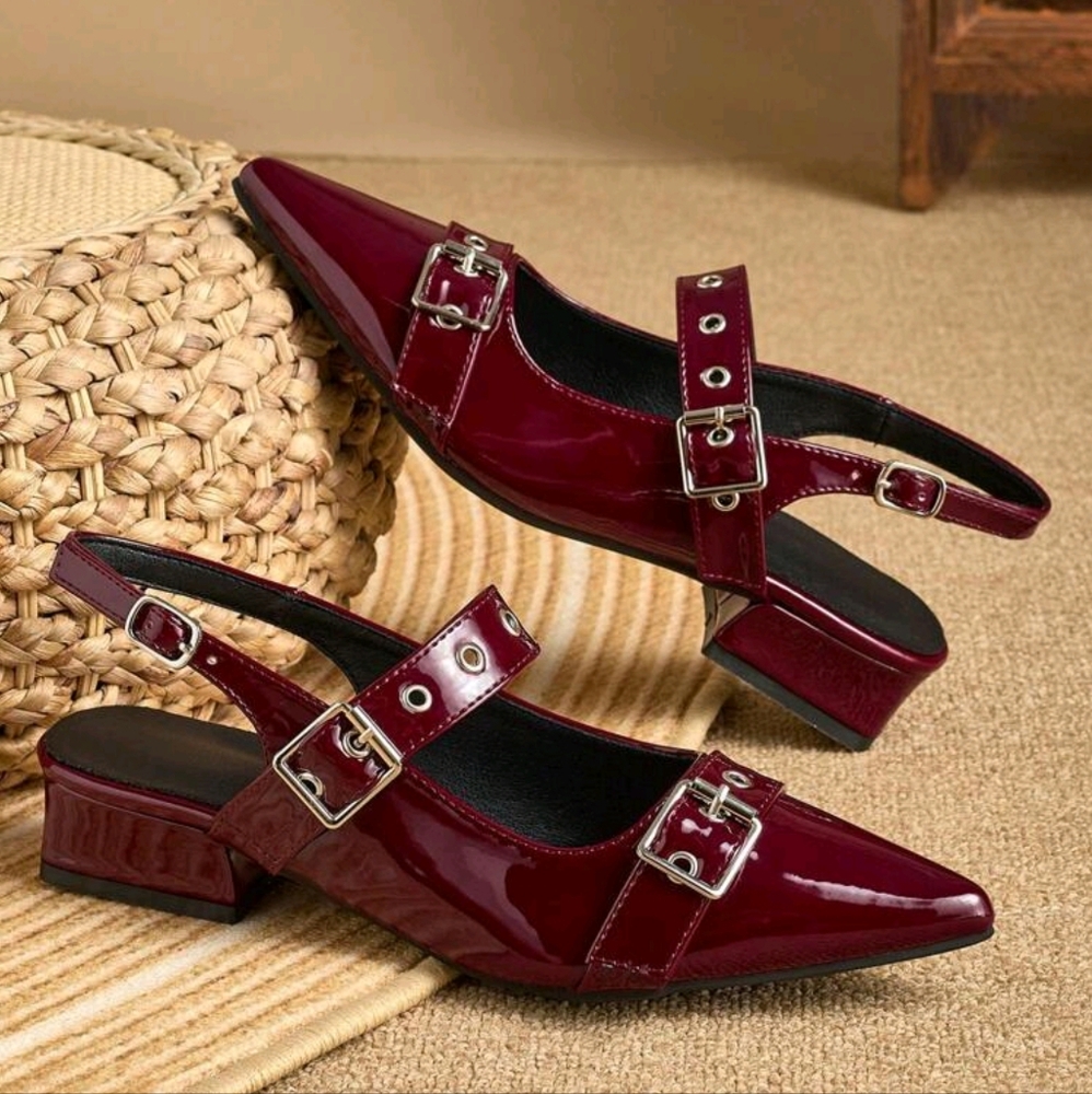 Women Rivet Pointed Toe Block Heel Mules Loafers, Burgundy - Picture 3 of 8
